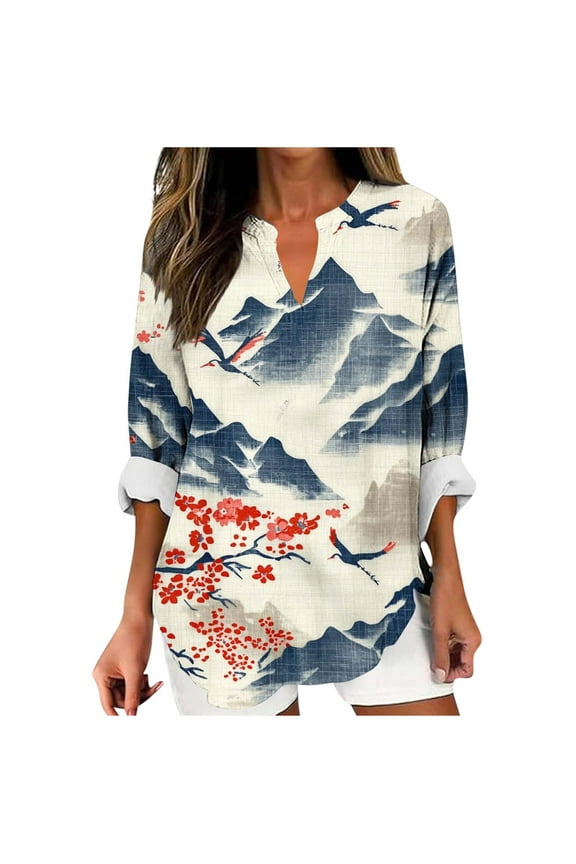 Women Floral Boho Henley Shirts Button V Neck Flowy Tunic Top Plus Size Long Sleeve T-Shirts Spring Blouses Dressy