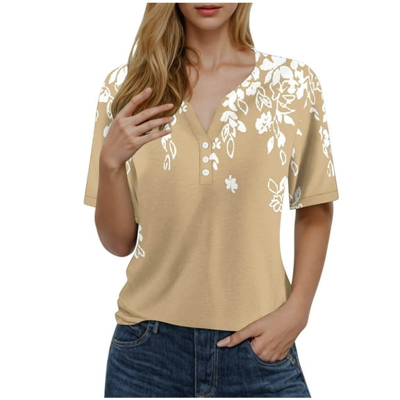 Women Floral Boho Summer Tops Short Sleeve Henley Shirts V Neck Blouses Tunic Trendy Fashion Vacation Clothes