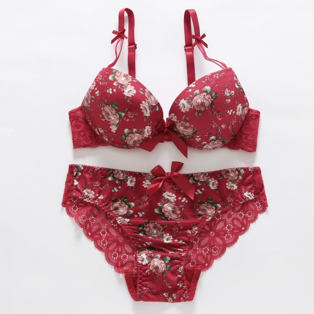 Women Floral Bras Panty Set,Underwire Push Up 3/4 Cup Lace Trim Lingerie  with Matching Brief 2 Piece Outfits 