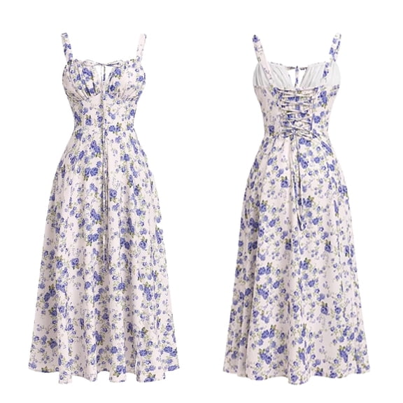 Women Floral Corset Dress Backless Cami Dresses Boho Summer Spaghetti Straps Square Neck Casual Midi Dress Flowy Slit Bustier Dresses