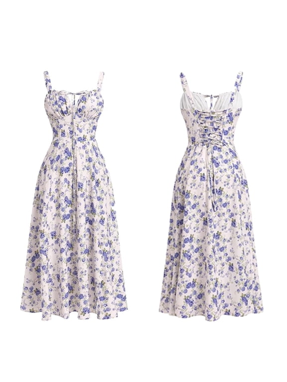 Women Floral Corset Dress Backless Cami Dresses Boho Summer Spaghetti Straps Square Neck Casual Midi Dress Flowy Slit Bustier Dresses