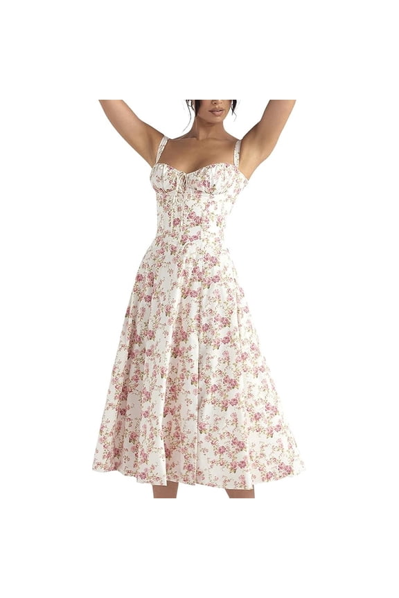 Women Floral Corset Dress Backless Cami Dresses Boho Summer Spaghetti Straps Square Neck Casual Midi Dress Flowy Slit Bustier Dresses