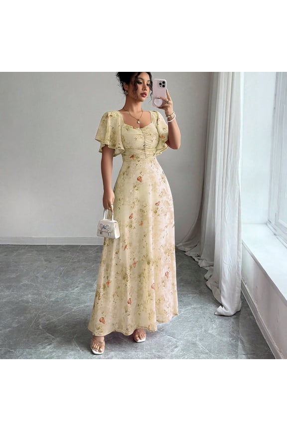 Women Floral Cottagecore Dress Chiffon Puff Sleeve Maxi Ruffled Corset Dress Yellow M