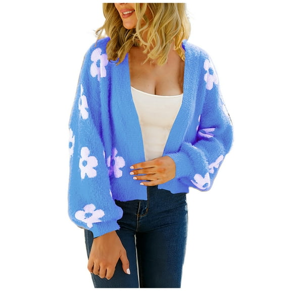 Women Floral Cropped Cardigan 2025 Fall Long Sleeve Button Down Fuzzy Heart Print Knit Sweaters Casual Y2k Outerwear