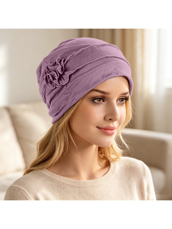 Women Floral Decor Chemo Beanie Elastic Stretch Turban Headwear Lightweight Cancer Patient Head Caps Purple One Size