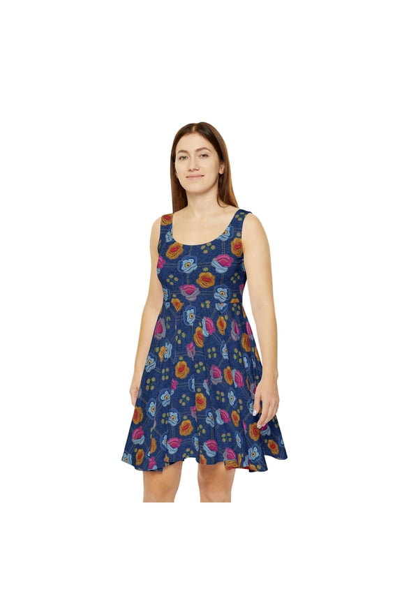 Women Floral Denim Print Skater Dress, Denim Print Poly-Span Dress - 39