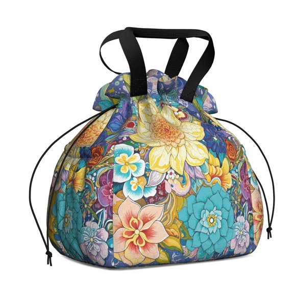 Women Floral Drawstring Lunch Bag Polyester Lightweight Reusable Sack Work Travel Picnic