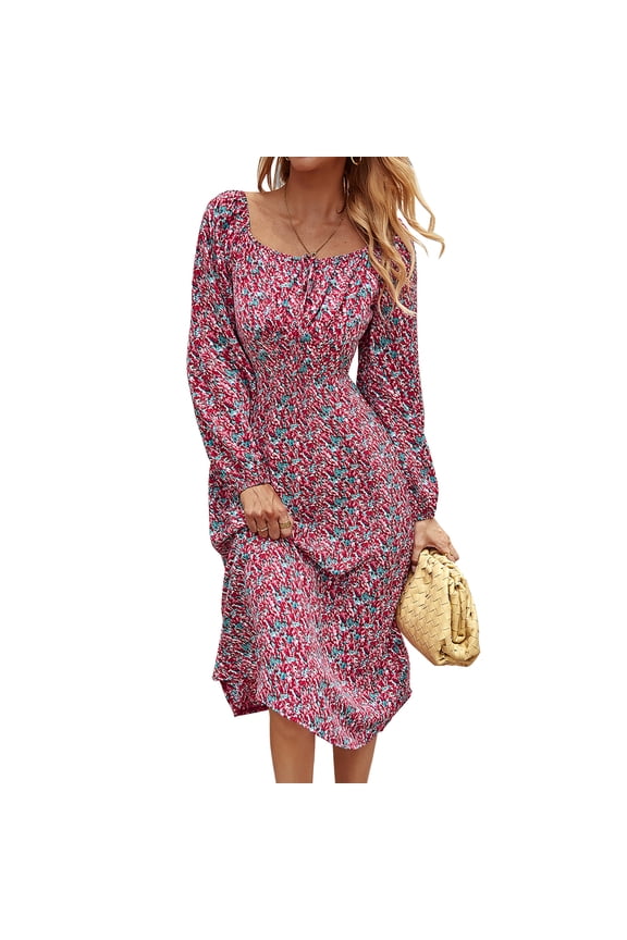 Women Floral Dress French Romance Long Sleeve Square Neck Print Dresses Casual Loose Swing Midi Dress