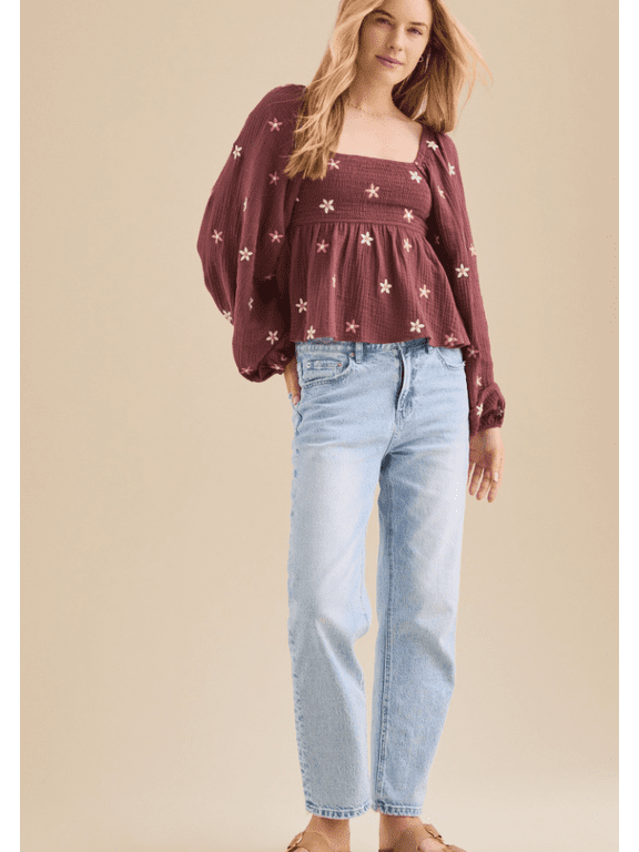 Women Floral Embroidered Blouses Long Lantern Sleeve Smocked Top Square Neck Babydoll Shirts Vintage Flowy Tops