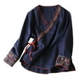 thumbnail image 1 of Women Floral Embroidered Cotton Linen Retro Chinese Frog Button Blouses Qipao Shirts Long Sleeve Side Slit Tops, 1 of 4