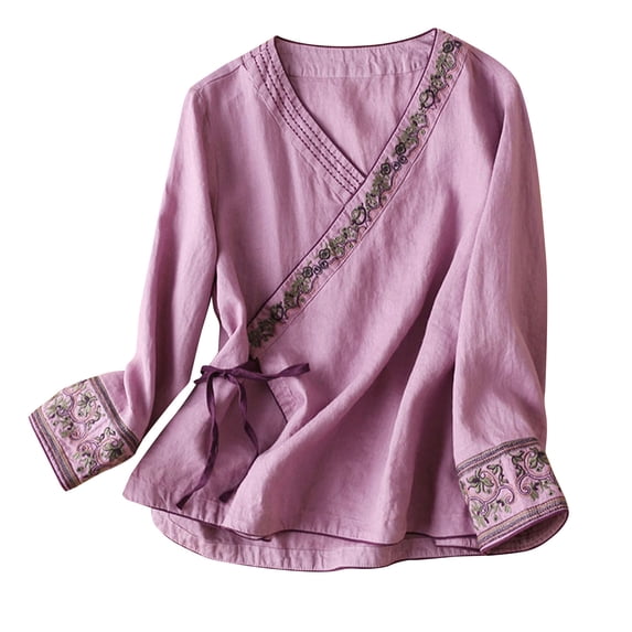 Women Floral Embroidered Cotton Linen Retro Chinese Frog Button Blouses Qipao Shirts Long Sleeve Side Slit Tops