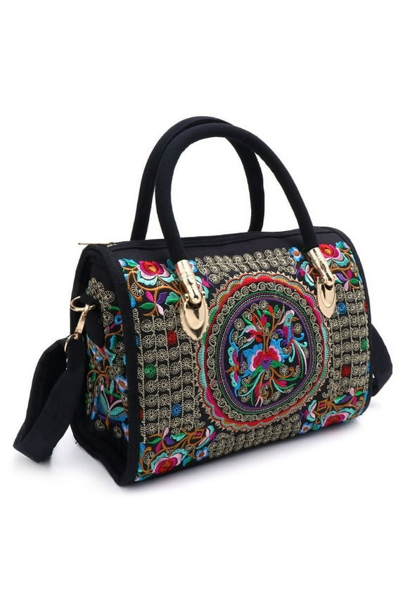 Women Floral Embroidered Handbag Ethnic Boho Canvas Shopping Tote Zipper Bag