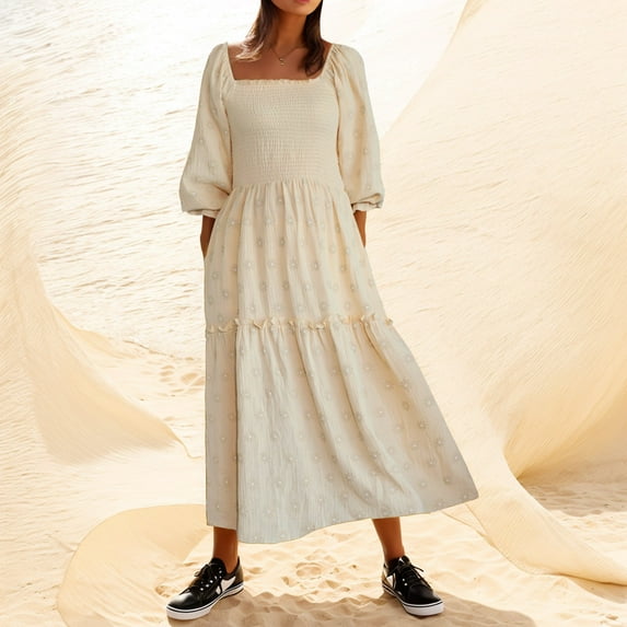 Women Floral Embroidered Maxi Dress Long Puff Sleeve Square Neck Bohemian Flowy Dress With Pockets Smocked Fall Dress plus Size Long Dresses for Women Dark Dress Formal Gowns for Women plus Size Dress