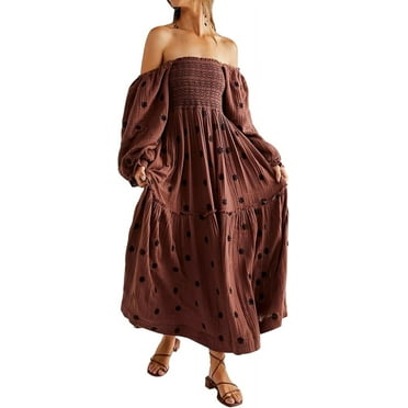 Women Floral Embroidered Maxi Dress Long Puff Sleeve Square Neck Bohemian Flowy Dress with Pockets Smocked Fall Dress