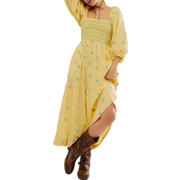 Women Floral Embroidered Maxi Dress Long Puff Sleeve Square Neck Boho Flowy Dress with Pockets Smocked Swing Long Dresses