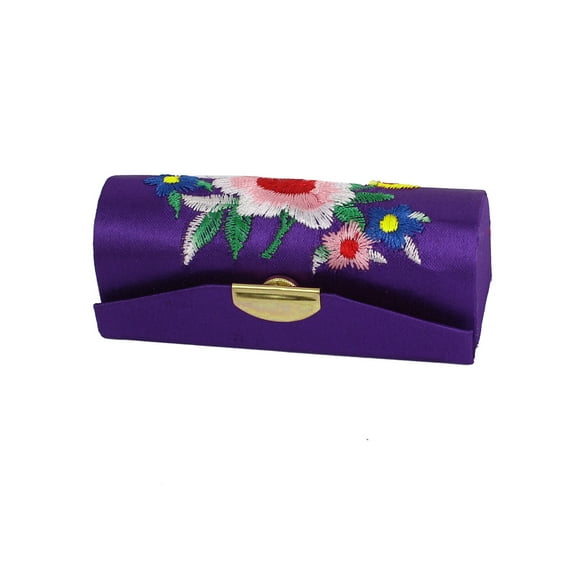 Women Floral Embroidered Purple Lipstick Lip Stick Case Holder Box w Mirror