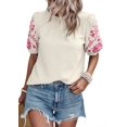 thumbnail image 1 of Women Floral Embroidered Textured Tops Crewneck Puff Short Sleeve Casual Loose Solid Embroidery Blouses Shirts XL, 1 of 9