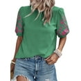 thumbnail image 1 of Women Floral Embroidered Textured Tops Crewneck Puff Short Sleeve Casual Loose Solid Embroidery Blouses Shirts Green L, 1 of 9