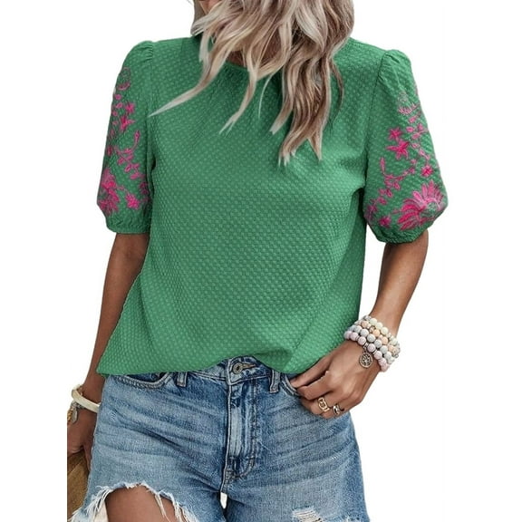 Women Floral Embroidered Textured Tops Crewneck Puff Short Sleeve Casual Loose Solid Embroidery Blouses Shirts Green M