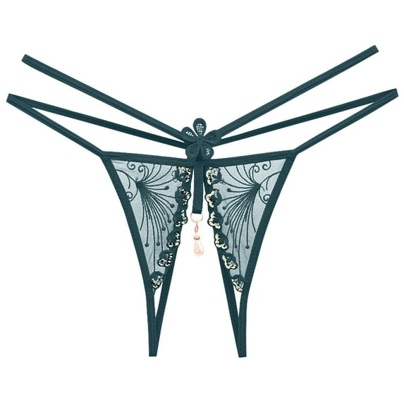 Women Floral Embroidery Sexy Low Waist Thong Underwear Breathable Soft Comfortable Lingerie Pearl Open Cut Design