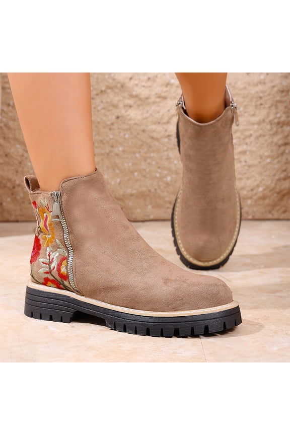 Women Floral Embroidery Suede Ankle Boots Side Zipper Chunky Lug Platform Sole Retro Western Short Booties
