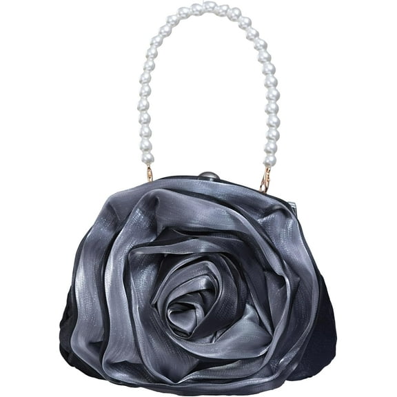 Women Floral Evening Bag Rose Elegant Satin Small Purses with Detachable Pearl Strap for Wedding, Party