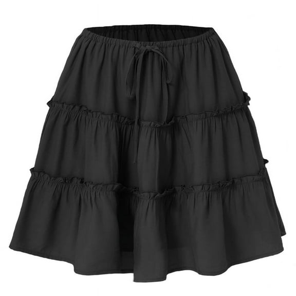 Women Floral Flared Short Skirt Cute High Waist Ruffle Beach Mini Black S