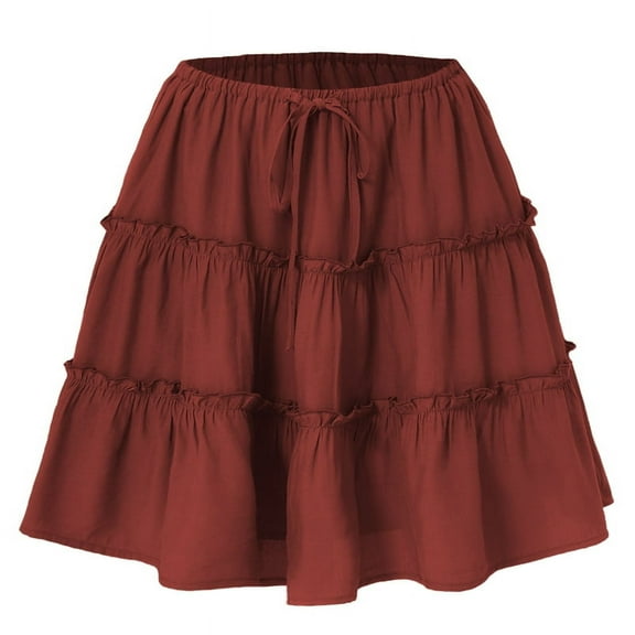 Women Floral Flared Short Skirt Cute High Waist Ruffle Skirt Beach Mini Skirt Orange Red M