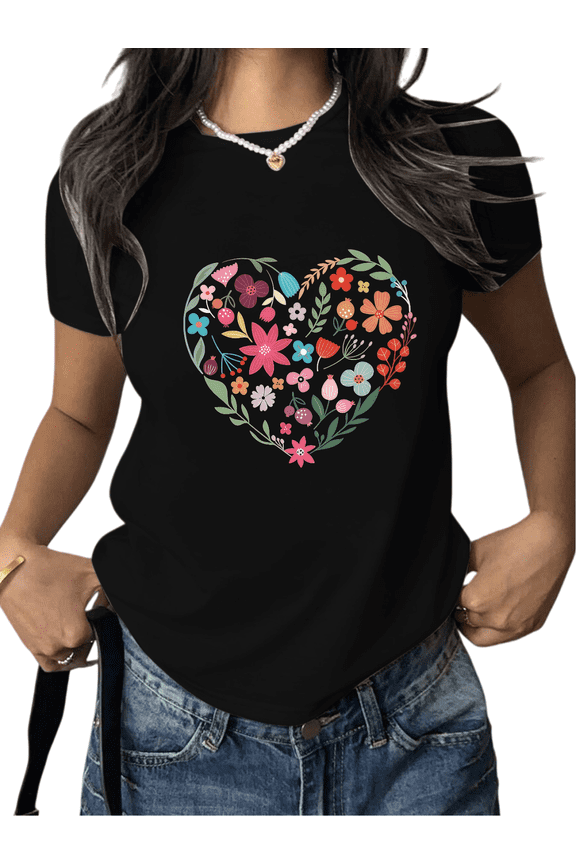 Women's Funny Valentine's Day Floral Heart Pattern Graphic Crew Neck Printed Cotton T-Shirt Black S-5XL
