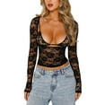 thumbnail image 1 of Women Floral Lace 2Pcs Outfit Sheer Mesh Low Cut Crop Top Short/Long Sleeve See Through T Shirts +Bra Set Going Out Tees Tops, 1 of 7