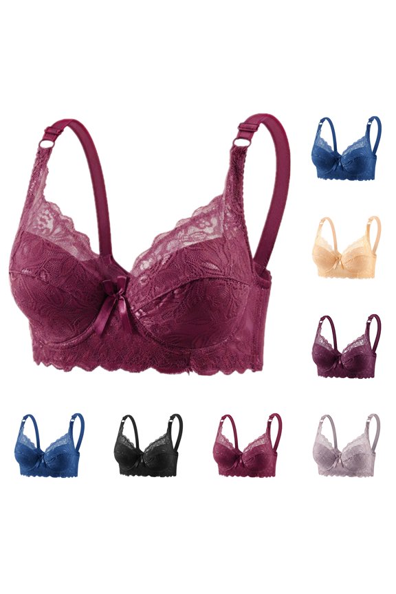 Women Floral Lace Balconette Bra Underwire Unlined Thin Cup Lingerie Adjustable Straps Double Row Back Closure Breathable Full Coverage Support Everyday Bras Dark Purple