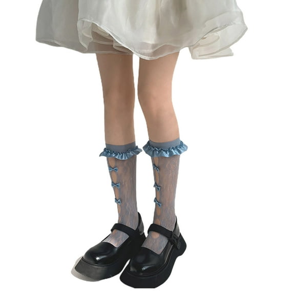 Women Floral Lace Calf Socks Lolita Satin Ruffled Trim Bow Holes Mesh Stockings