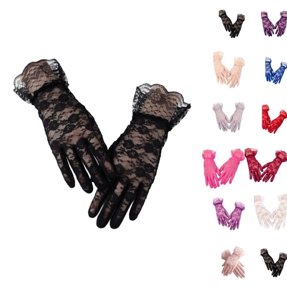 Women Floral Lace Full Finger Gloves, Vintage Ruffled Wrist Opera Gloves, Stretch Breathable Bridal Formal Gloves Costume for Wedding, Prom Party, Evening Dress and Halloween Black