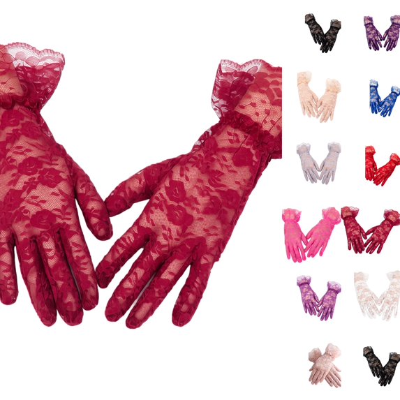 Women Floral Lace Full Finger Gloves, Vintage Ruffled Wrist Opera Gloves, Stretch Breathable Bridal Formal Gloves Costume for Wedding, Prom Party, Evening Dress and Halloween Wine