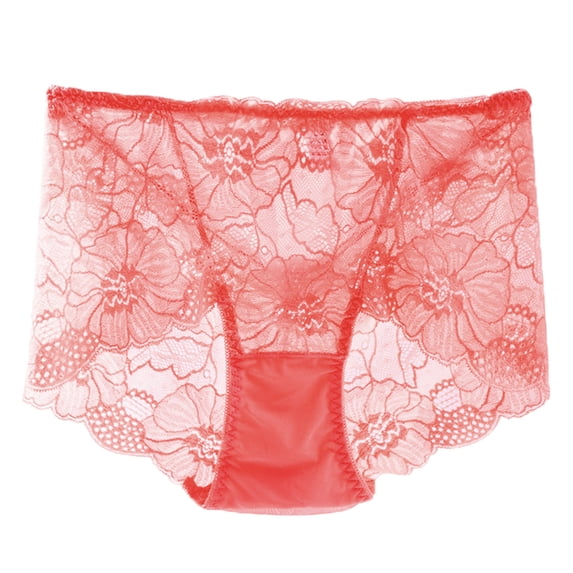 Women Floral Lace High Waist Underwear Full Coverage Panties Mesh Breathable See Through Briefs Soft Stretch for Women Red L