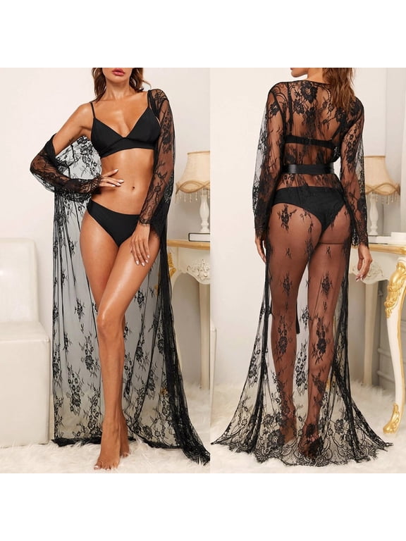 Women Floral Lace Robe, Long Sleeve Sheer Wrap Full Length Robe, Elegant Loungewear for Daily Home Wear Black Robes for Women XL