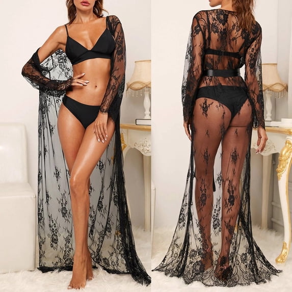 Women Floral Lace Robe, Long Sleeve Sheer Wrap Full Length Robe, Elegant Loungewear for Daily Home Wear Black S