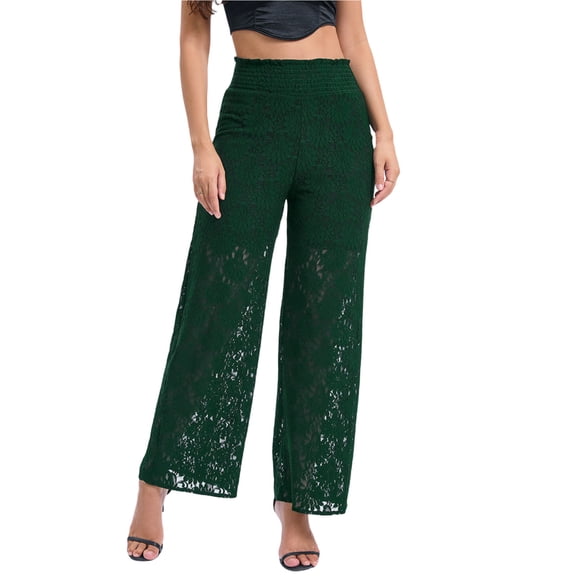 Women Floral Lace Sheer Mesh Pants Sexy Elastic High Waist See Through Flare Bell Trouser Wide Leg Club Bottoms