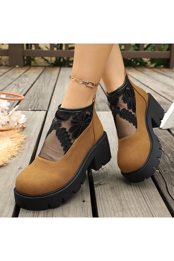 Women Floral Lace Spliced Ankle Boots Round Toe Back Zipper Chunky Mid Block Heel Breathable Summer Short Booties