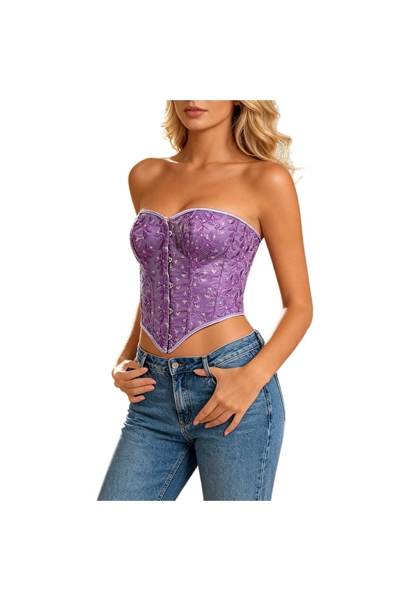 Women Floral Lace Sweetheart Strapless Corset Top, Front Button Back Lace Up Waist Defining Boned Bustier Available In XS-XL Multiple Sizes