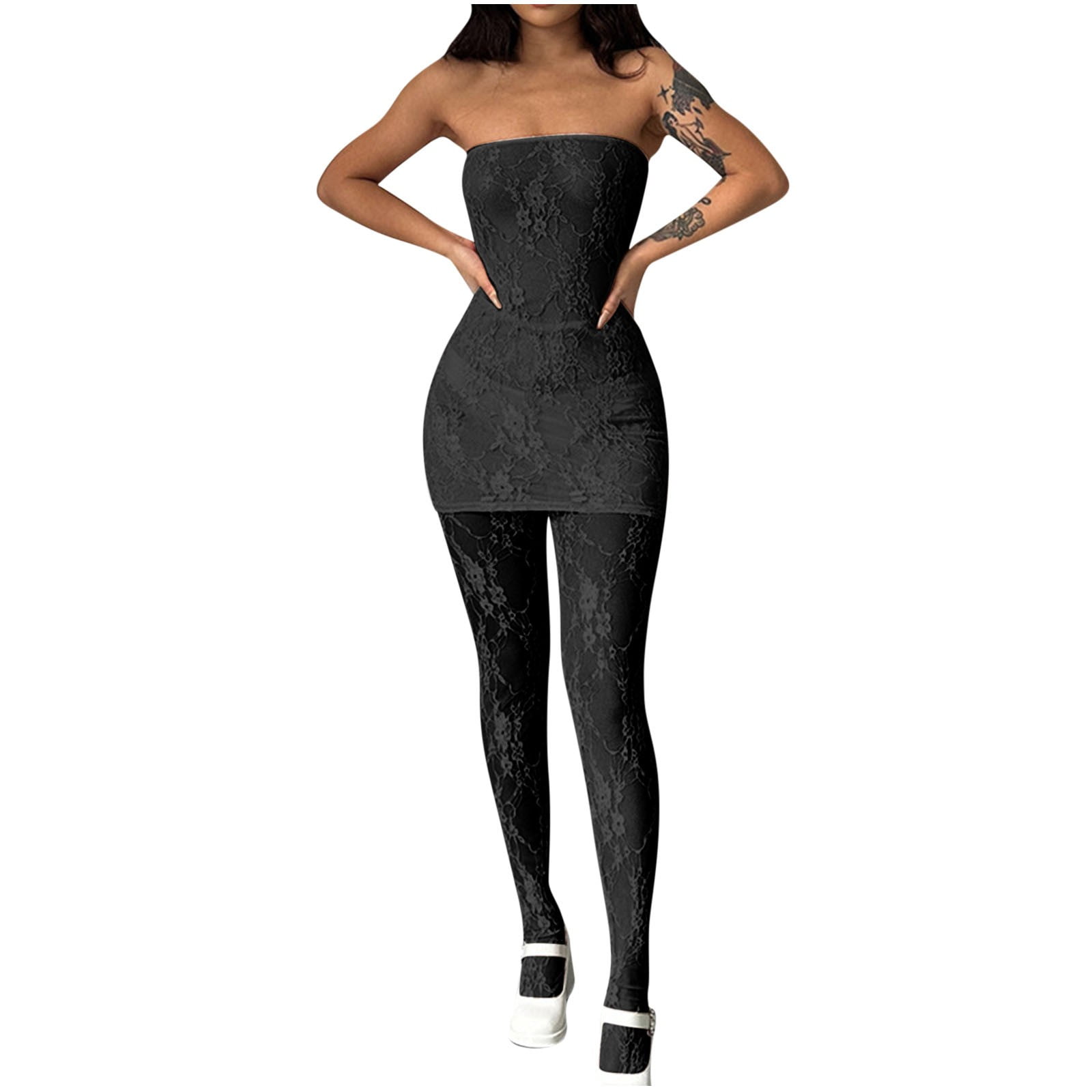 Women Floral Lace Tube Top Dress with Stockings Sets, Piece