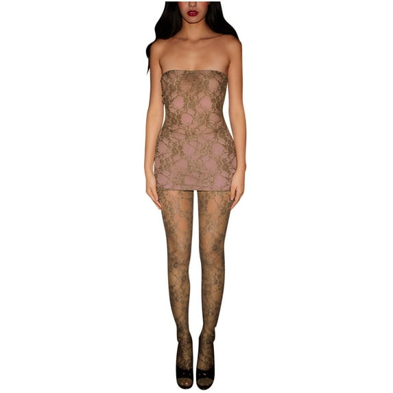 Women Floral Lace Tube Top Dress with Stockings Sets, 2 Piece Night Club Party Outfits Bodycon Strapless Dress (Small, Coffee)
