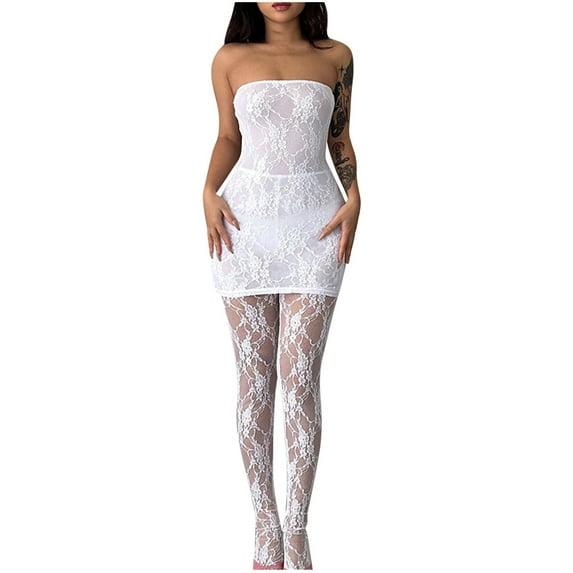 Women Floral Lace Tube Top Dress with Stockings Sets, 2 Piece Night Club Party Outfits Bodycon Strapless Dress (Small, White)