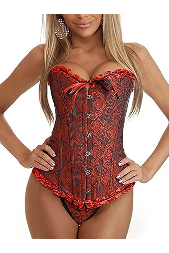 Women Floral Lace Up Corset Overbust Lingerie Waist Cincher Shapewear Top Plus Size Waist Slimming Bustier