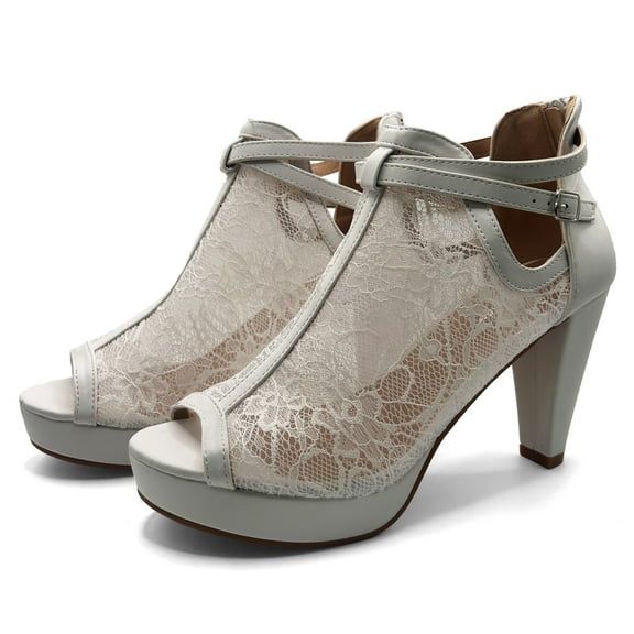 Women Floral Lace Up High-Heeled Boots Sandals With Exposed Toe Buckle Design