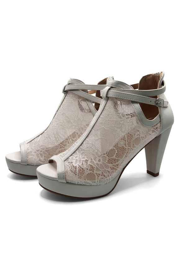 Women Floral Lace Up High-Heeled Boots Sandals With Exposed Toe Buckle Design