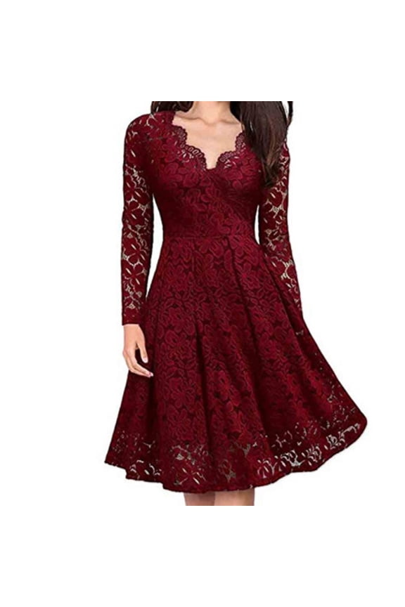 Women Floral Lace V Neck Formal Dress Swing Cocktail Party Midi Wedding Guest