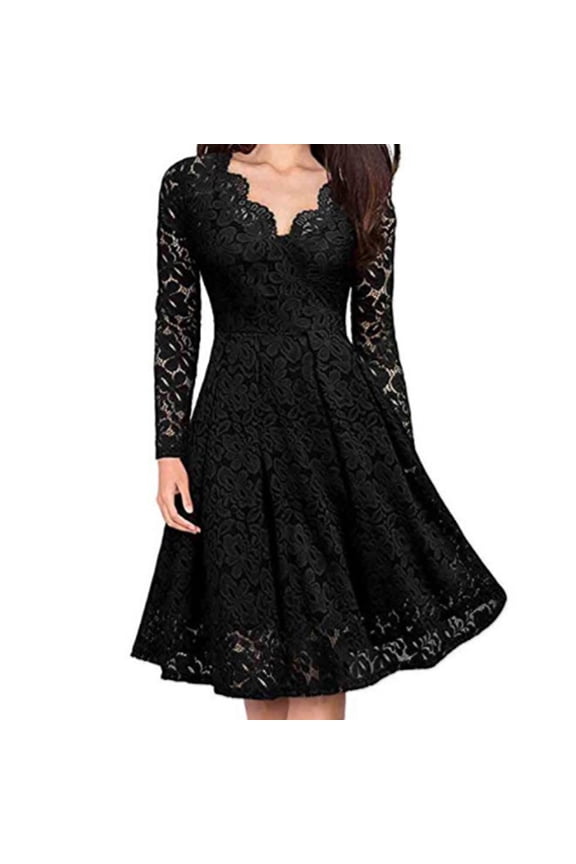 Women Floral Lace V Neck Formal Dress Swing Cocktail Party Midi Wedding Guest