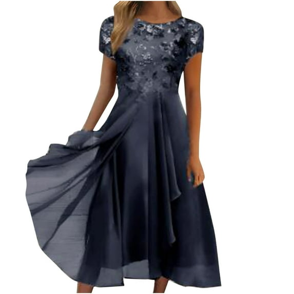 Women Floral Lace V Neck Short Sleeve Formal Chiffon Dress, Swing Cocktail Party Midi Wedding Guest Dresses for Women