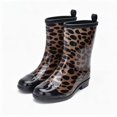 thumbnail image 1 of Women Floral Leopard Print Glossy Mid Calf Rain Boots Low Block Heel Non Slip Waterproof PVC Wellies for Gardening Daily Rainy Fashion Outfits Brown 40, 1 of 9
